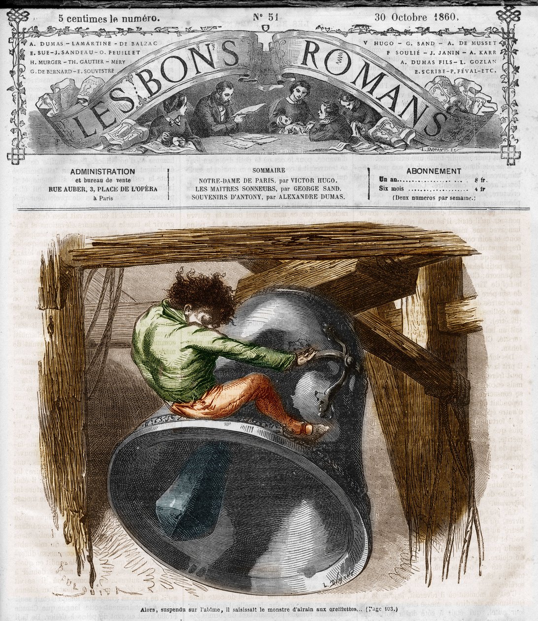 Série de romans : "Notre-Dame de Paris" par Victor Hugo (1802-1885). Quasimodo sur le clocher. Gravure dans "Les bons romans" - French School