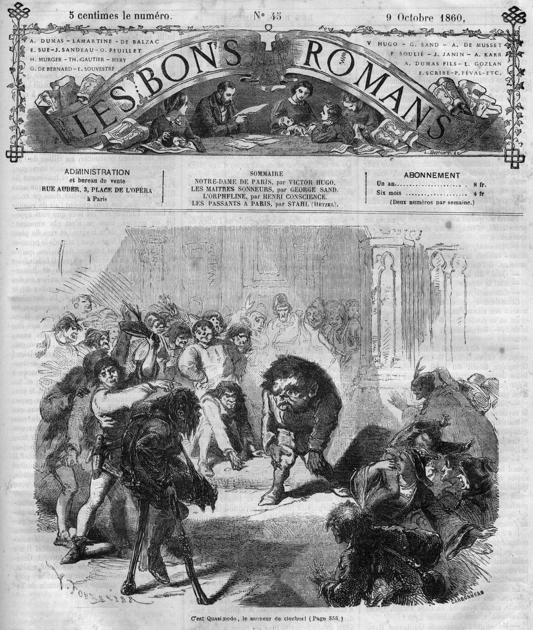 Série de romans : "Notre-Dame de Paris" par Victor Hugo (1802-1885). La foule effrayée et riant devant Quasimodo, le sonneur de cloches. Gravure dans "Les bons romans" - French School