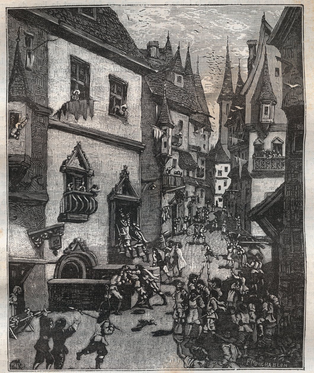 Le 20 mai 1636, huit faux-monnayeurs furent arrêtés rue Champfleuri par deux commissaires de police accompagnés d