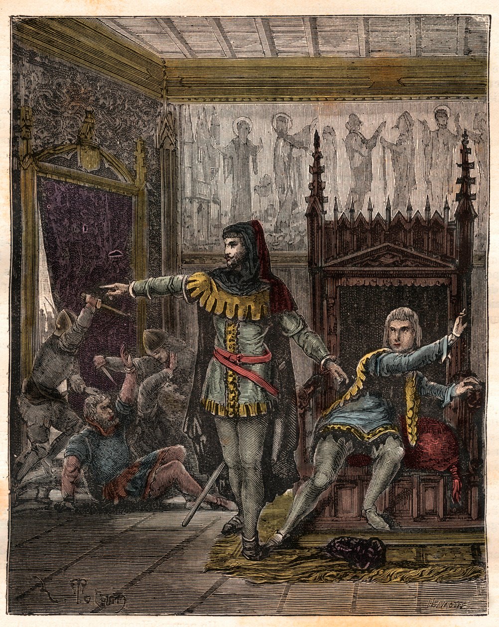 La guerre de Cent Ans : Le dauphin Charles (puis Charles V) (1338-1380) et Étienne Marcel (1302/1310-1358) qui a assassiné deux ministres (maréchaux) Robert de Clermont et Jean de Conflans dans la chambre du dauphin français - French School