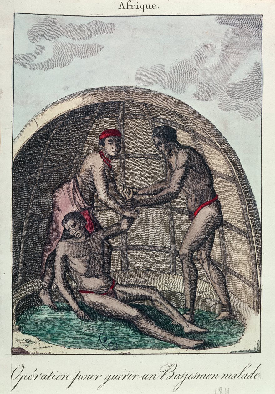 Opération pour guérir un Bushman malade, 1811 (gravure en couleur) - French School