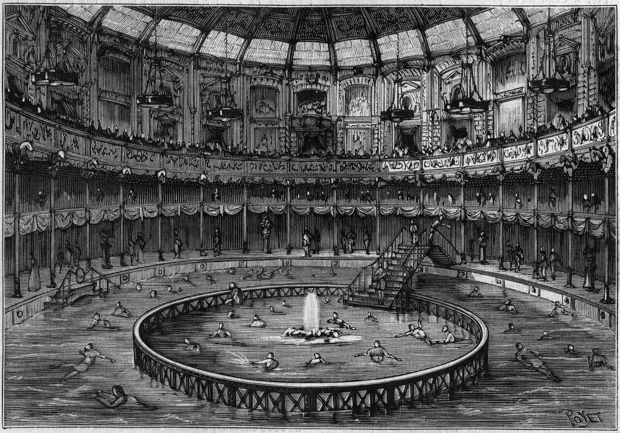 Aperçu de la piscine de la rue Saint Honoré, à Paris. Gravure dans « La Nature. Revue des sciences et de ses applications aux arts et à l