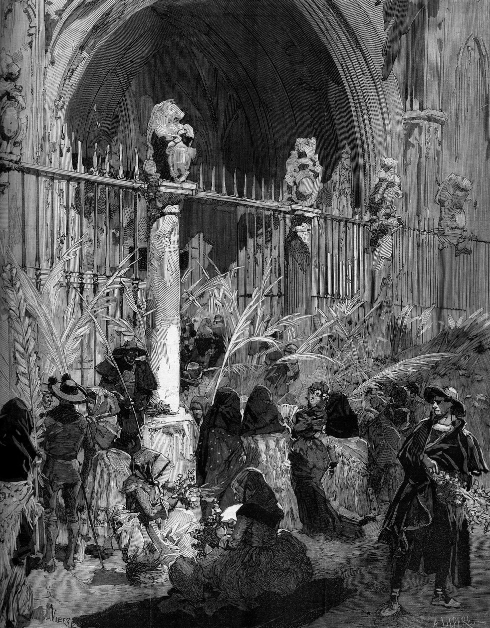 Dimanche des Rameaux en Espagne : vente de palmiers bénits devant la cathédrale de Tolède. Gravure dans « Le Monde Illustré » n°1200 du 27 mars 1880. - French School