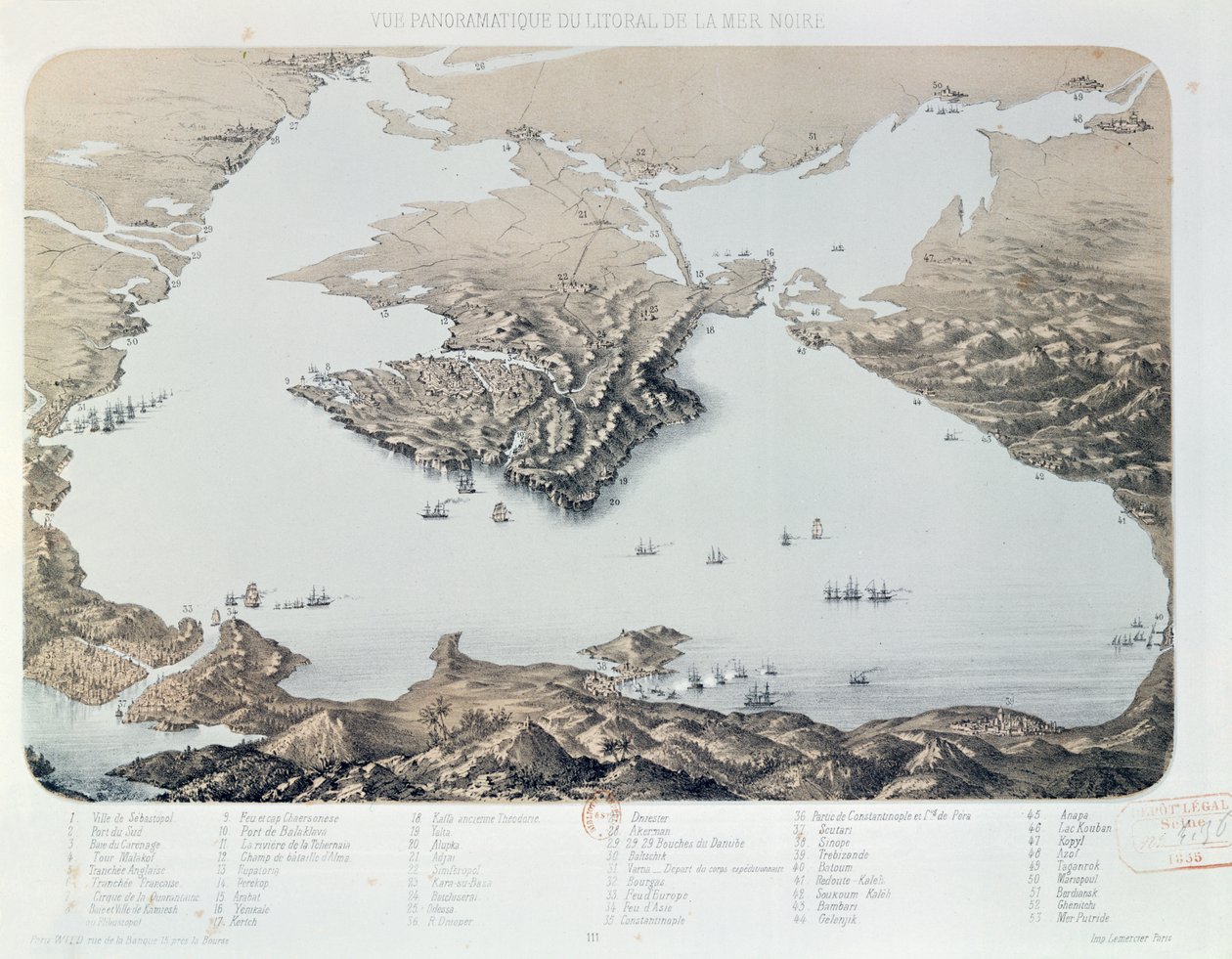 Vue panoramique et plan de Sébastopol et de la côte de la mer Noire à l