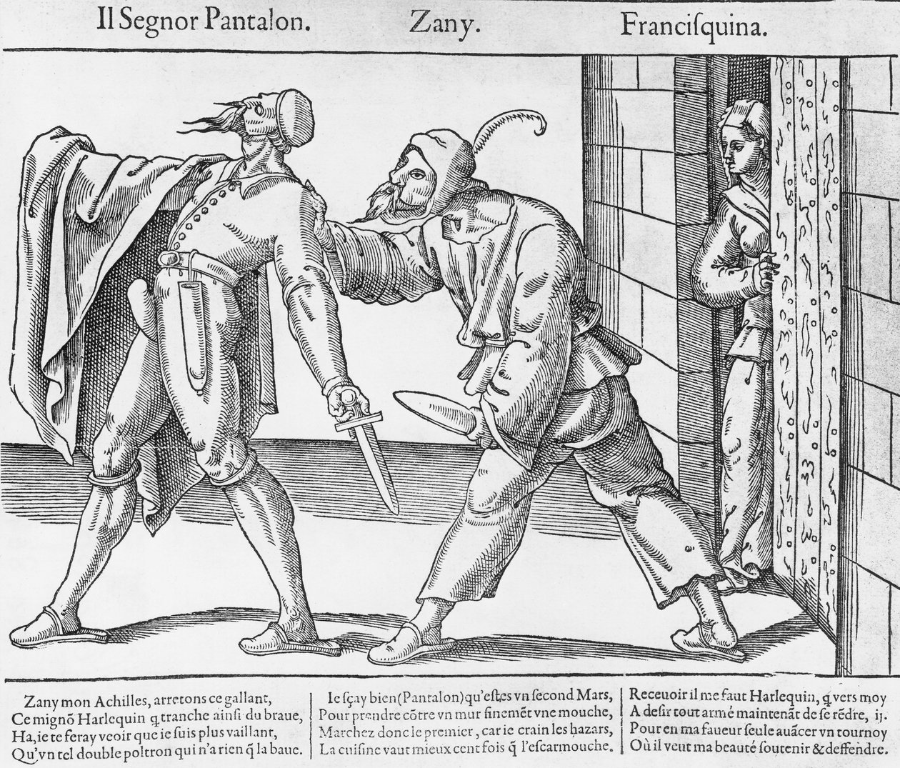 Pantalone, Zanni et Franceschina, scène de la Commedia dell