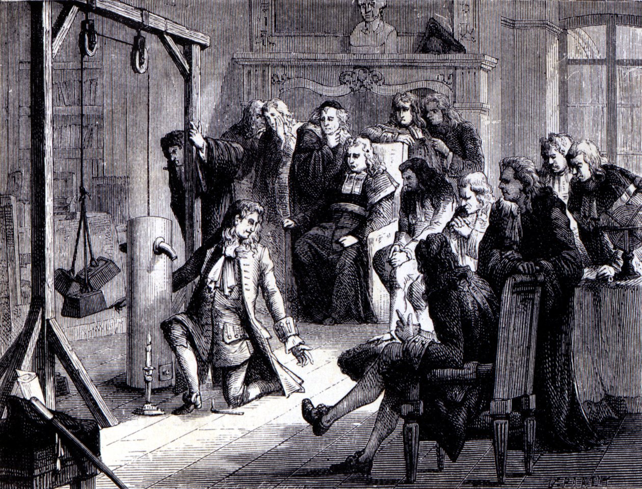 Papin (1647 - 1714) expérimente sa machine à poudre devant les professeurs de l