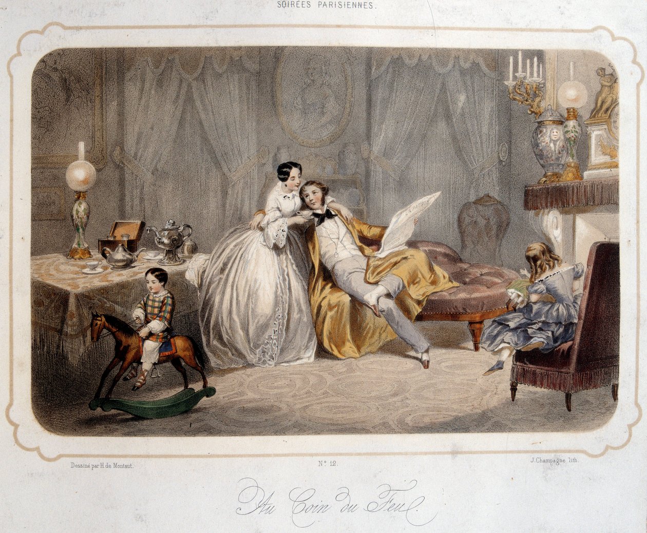 Soirées parisiennes : « au coin du feu » Un couple bourgeois et des enfants sur un cheval de bois dans un intérieur. Lithographie du Paris du 19e siècle. Arts décoratifs - French School