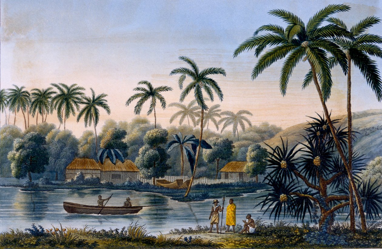 Partie du village de Matavae, cocotiers et autres fruits, Tahiti, de Voyage autour du Monde sur la Corvette Coquille par le lieutenant Louis Isodore Duperrey, publié en 1826 - French School