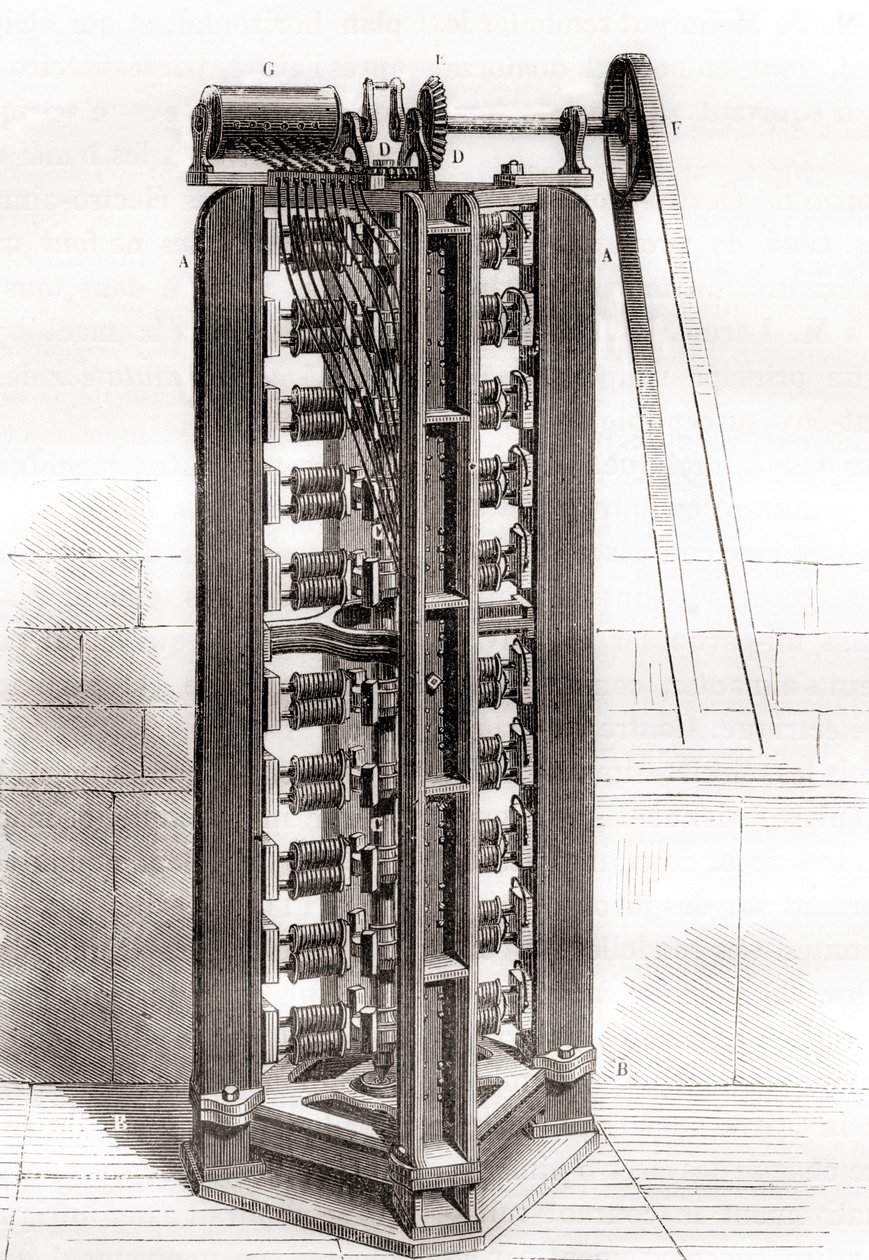 Moteur électro vertical de Paul-Gustave Froment, vers 1844, de Les Merveilles de la Science, publié vers 1870 - French School