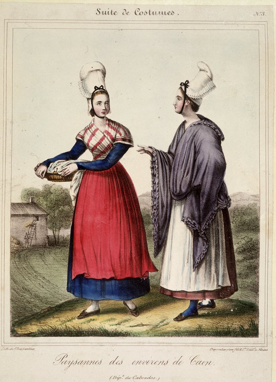 Paysannes dans les environs de Caen - lithographie - French School