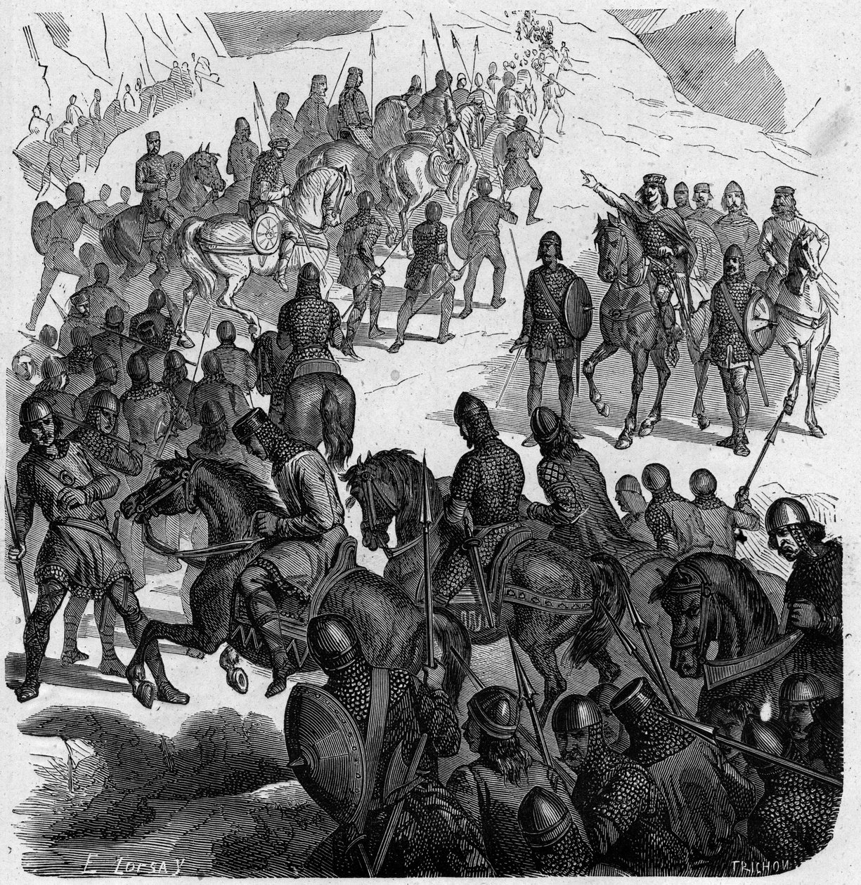 Pépin le Bref traversant les Alpes à la tête des Francs pour secourir le pape contre les Lombards. - French School
