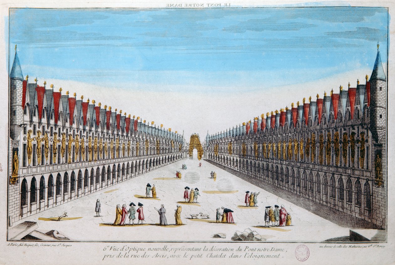 Vue en perspective des décorations sur le Pont Notre-Dame à Paris - French School
