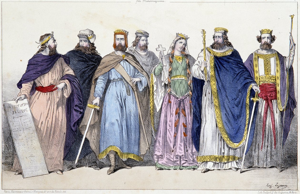 Pharamond, Clodion, Mérovée, Childéric, Clotilde, Clovis Ier et Childebert Ier - dans «La monarchie française en estampes» - French School