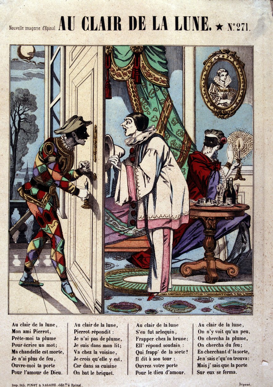 Pierrot, Arlequin et le voisin, ill. de la chanson « Au clair de la lune », image d