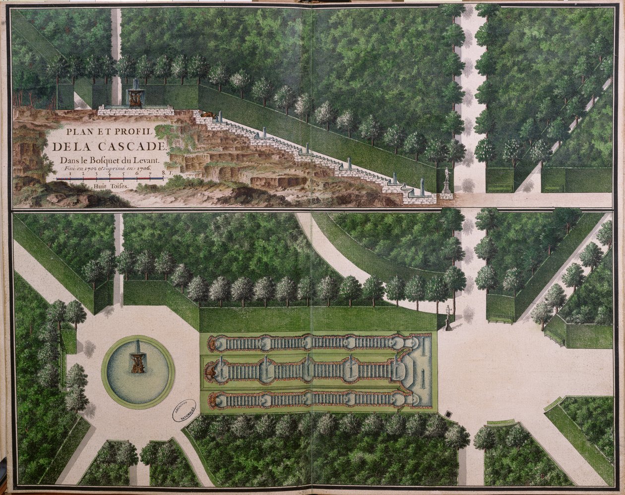 Plan et coupe transversale de la cascade dans le bosquet du Levant, des Jardins de Marly, début du 18e siècle - French School