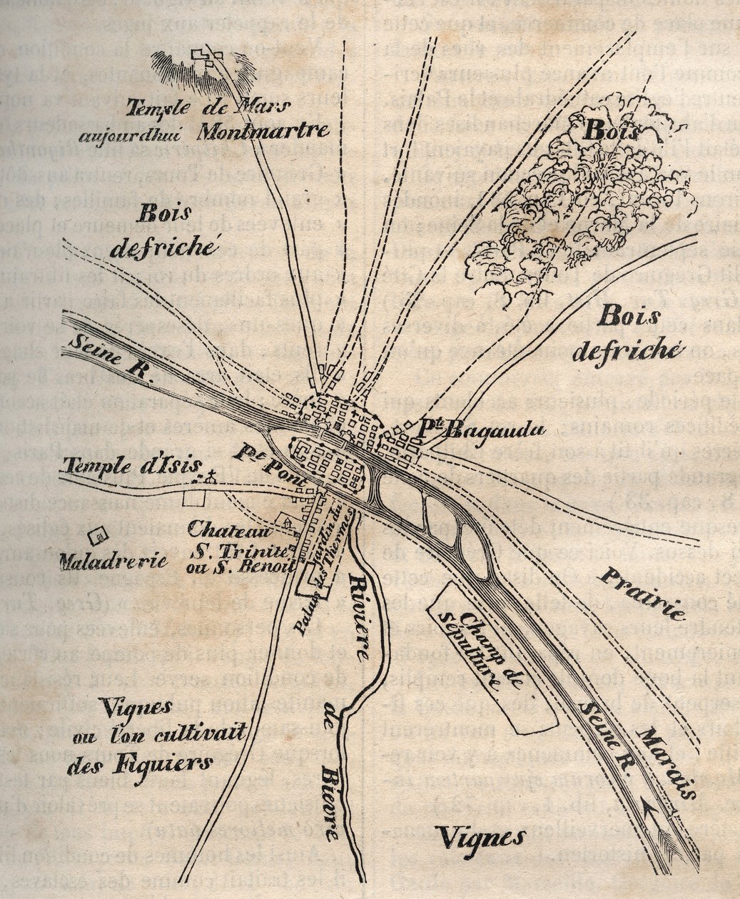 Plan de Paris sous les Mérovingiens - Gravure dans « Histoire physique, civile et morale de Paris : depuis les premiers temps historiques jusqu