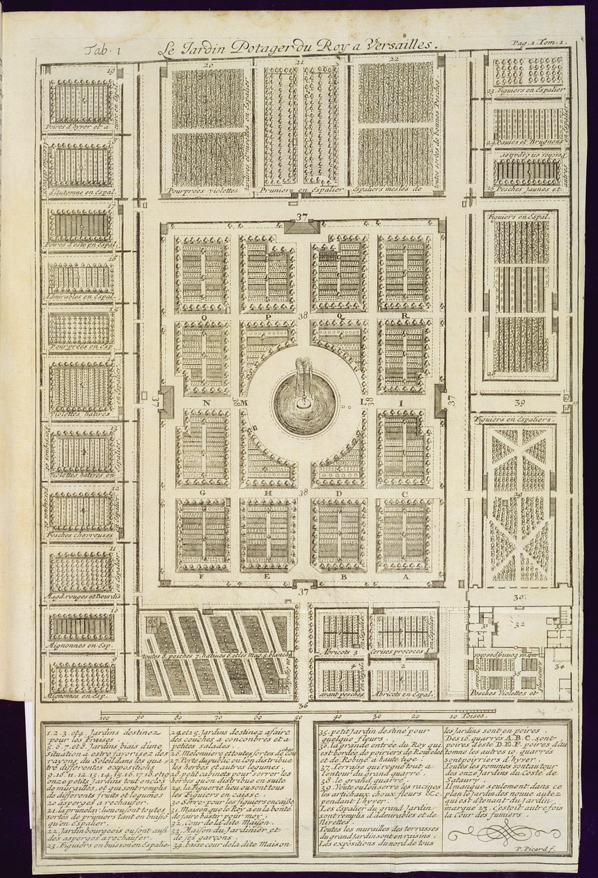 Plan des jardins potagers du roi à Versailles, de Le Parfait Jardinier, ou Instruction pour les Jardins Fruitiers et Potager, par Jean de la Quintinye, publié en 1695 - French School