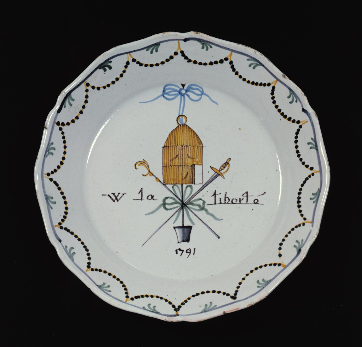 Assiette avec une cage à oiseaux ouverte et la légende Vive la Liberté, 1791 - French School