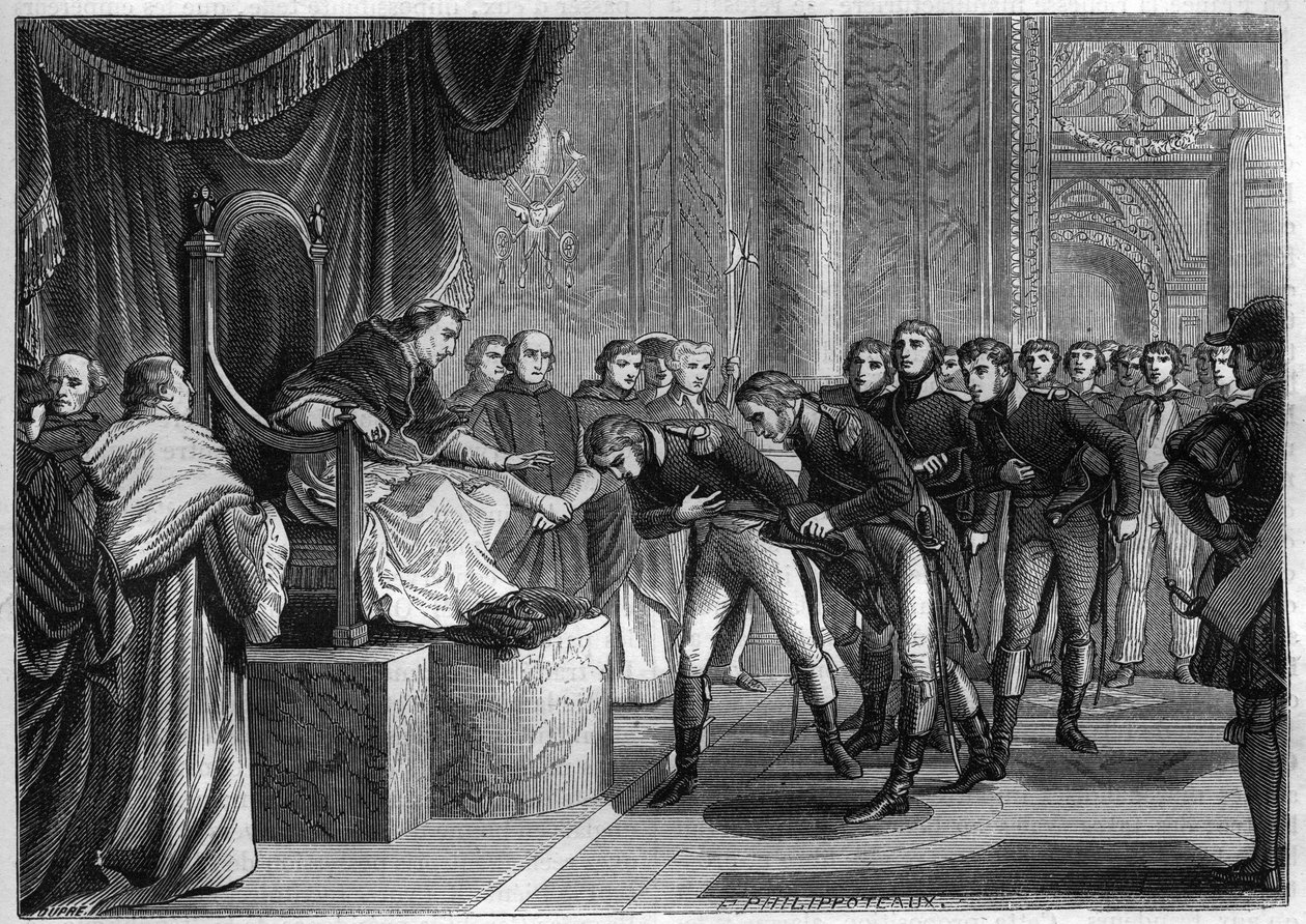 Le pape Pie VII (1742-1823) recevant à Rome les marins français membres des équipages des deux bricks « Saint Pierre » et « Saint Paul » offerts en cadeau au pape par Bonaparte, août 1802 - Gravure de 1865 dans « Histoire du Consulat et de l