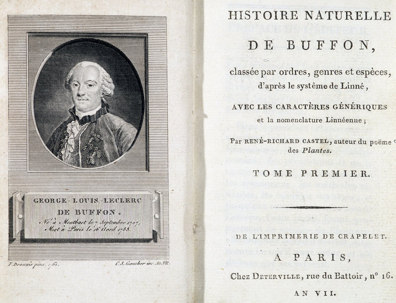 Portrait de Buffon et la page de titre de « Histoire naturelle de Buffon » classée par ordres, genres et espèces, selon le système de Linné - French School