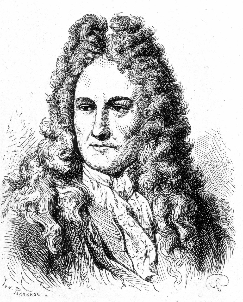 Portrait de Gottfried Wilhelm von Leibniz (1646 - 1716), philosophe et érudit allemand - dans « Album de la Science ; savants illustres ; Grandes découvertes » 1896. - French School