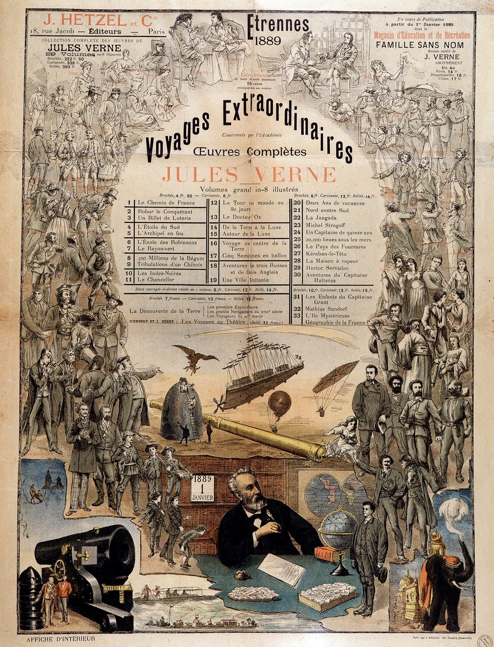 Portrait de Jules Verne et scènes de ses œuvres - Affiche publicitaire pour ses œuvres complètes - French School