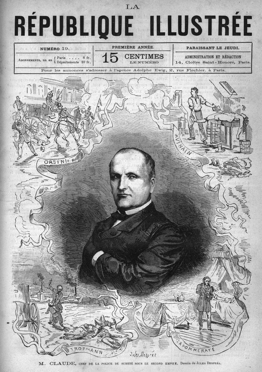 Portrait de Monsieur Claude (Antoine François Claude dit) (1807-1880), policier et écrivain français, chef de la police de sécurité sous le Second Empire. Gravure de 1880 dans "La république illustrée". Collection privée - French School