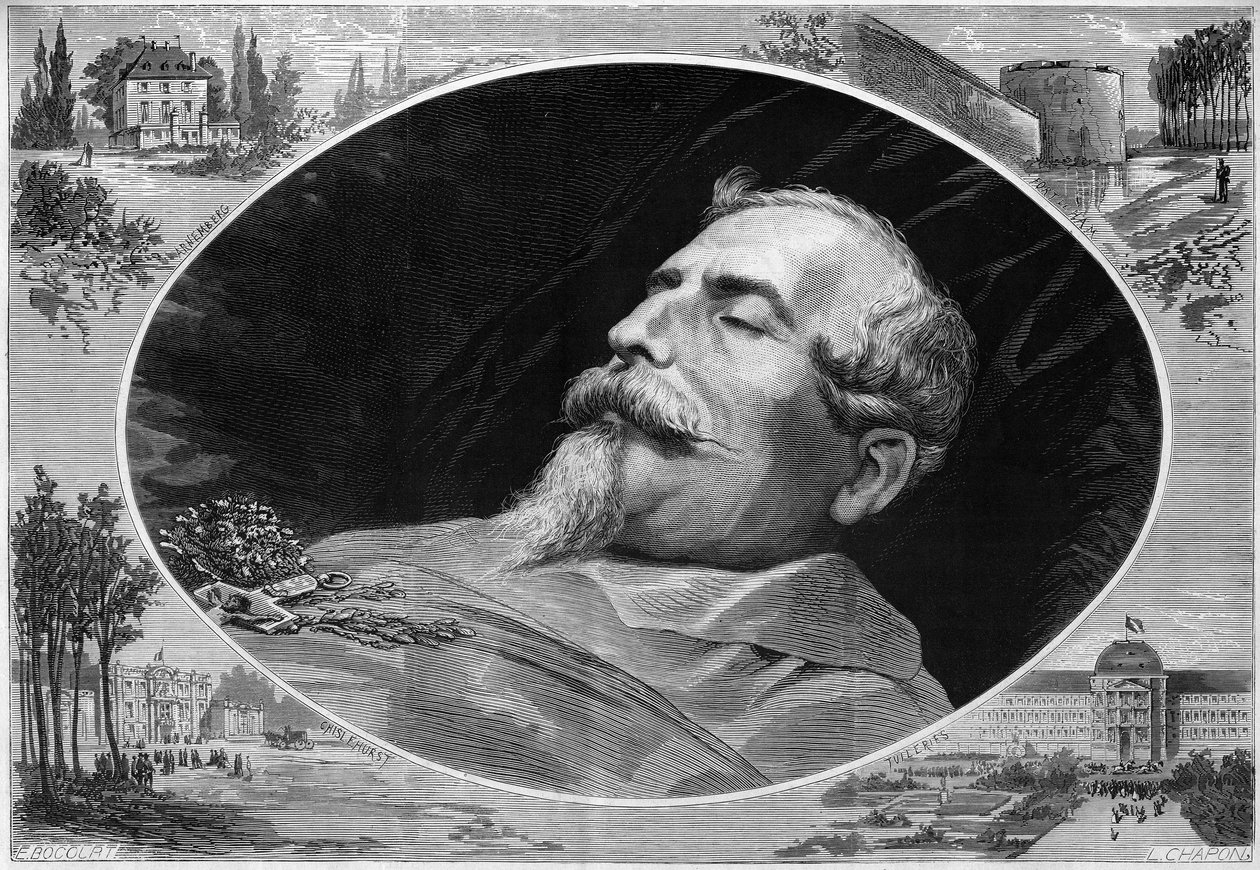 Portrait de Napoléon III (1808-1873), sur son lit de mort. Gravure dans « Le Monde Illustré » n°824 du 25 janvier - French School
