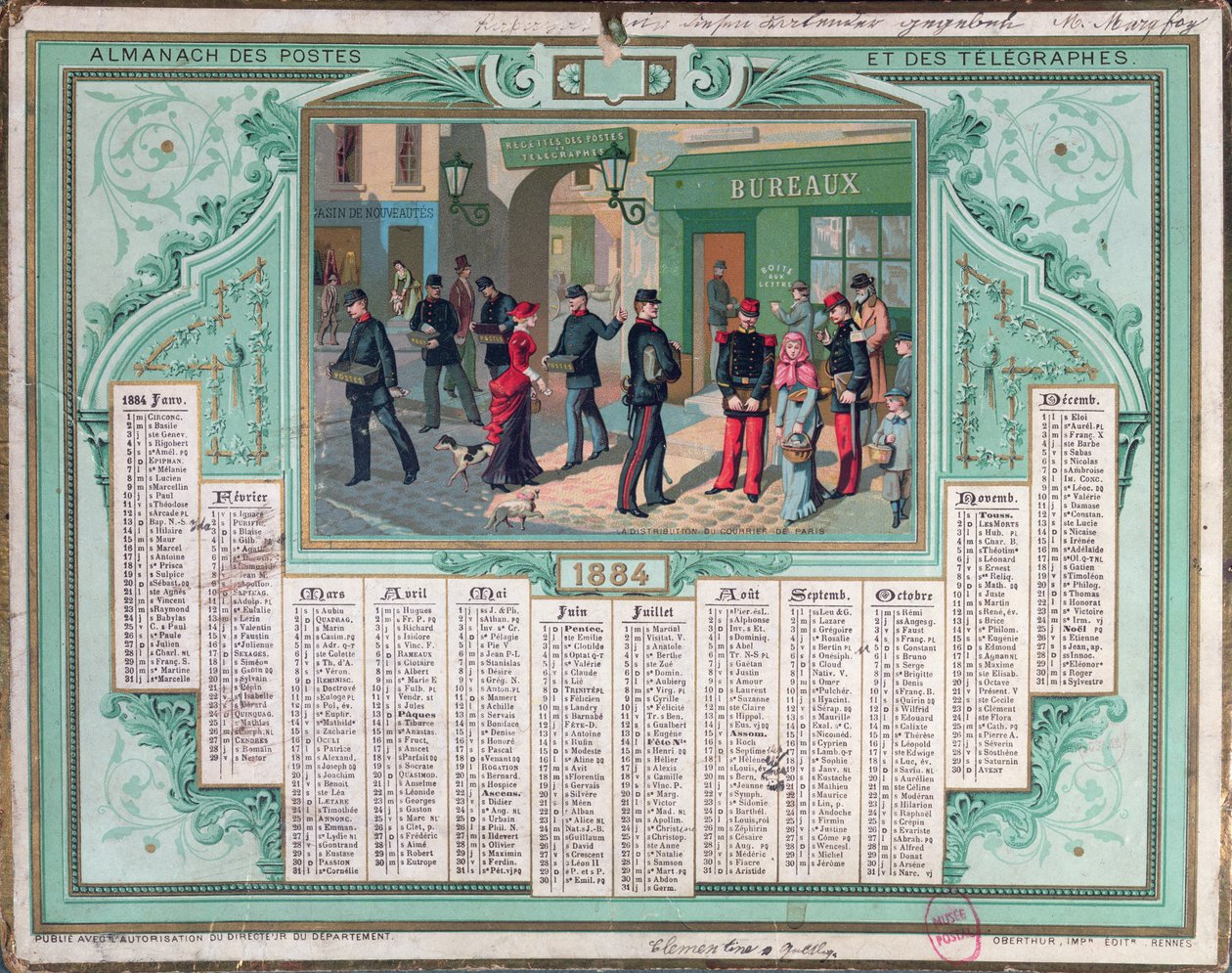 Calendrier de la poste de 1884 - French School