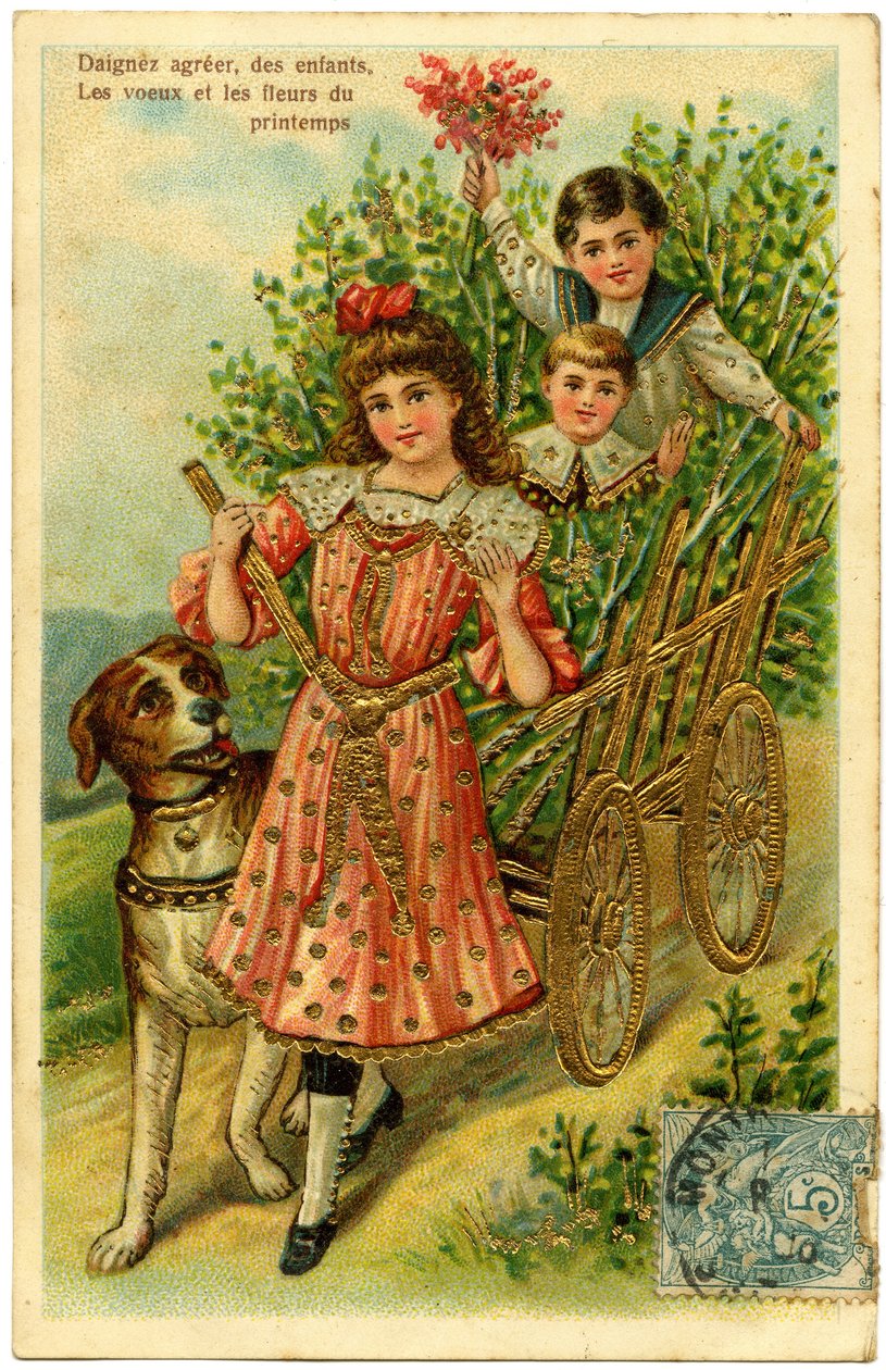 Carte postale, veuillez accepter, les souhaits des enfants et les fleurs de printemps (papier imprimé en chromolithographie avec dorure ajoutée) - French School