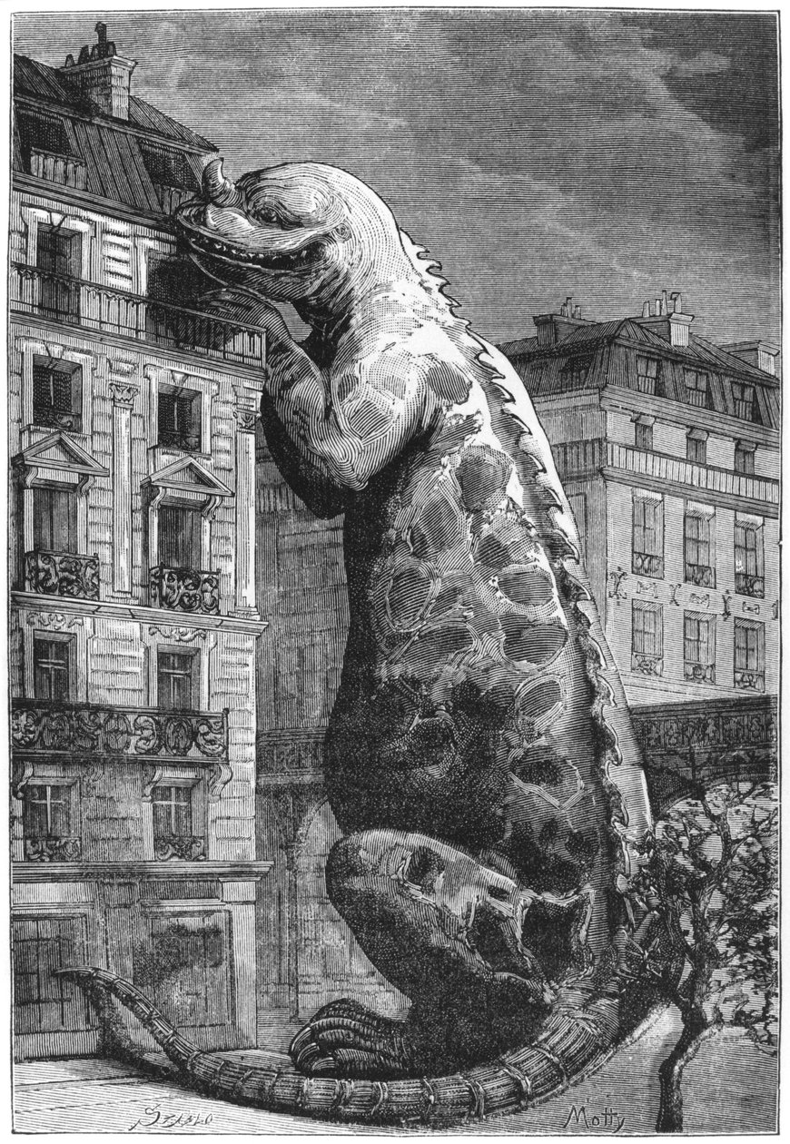 Monstre préhistorique dans une ville moderne, gravé par Motty (XIXe siècle) illustration de Le Monde Avant la Création de l
