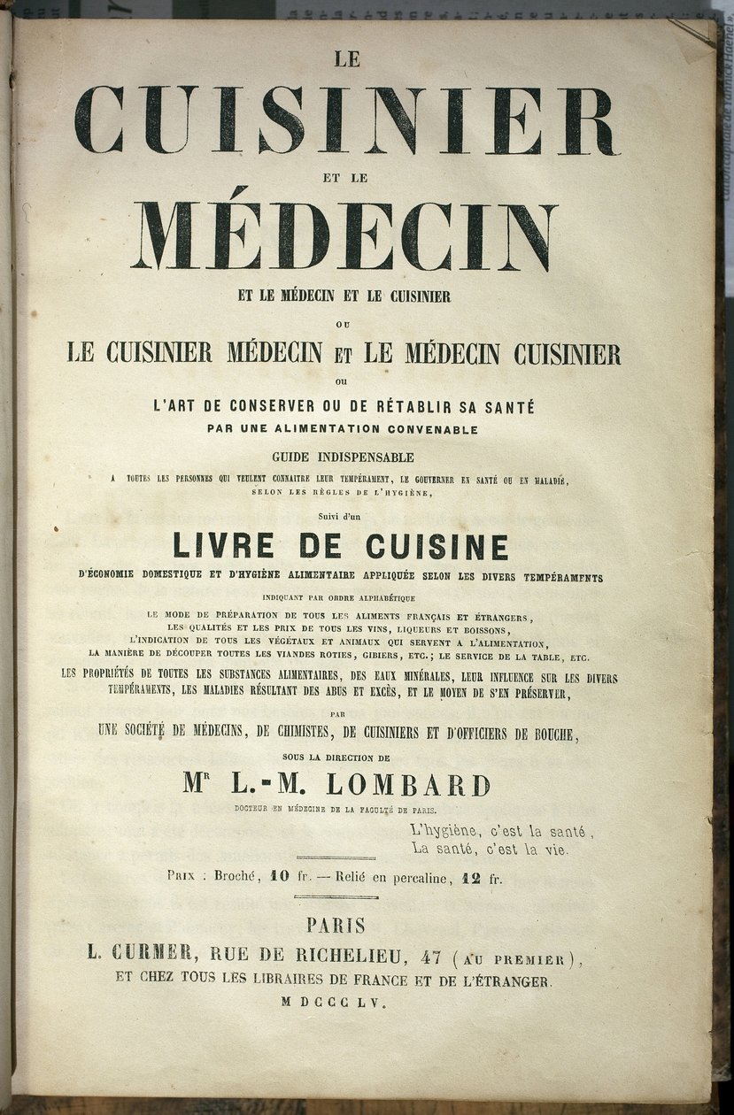 Page de présentation du livre « Le cuisinier et le médecin, l