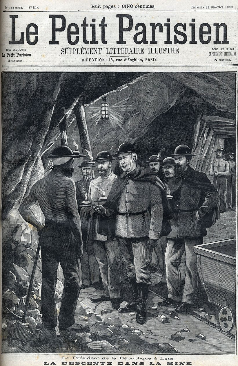 Le président de la République française Félix Faure visite les mines de Lens en décembre 1898. Couverture du journal "Le petit Parisien". - French School