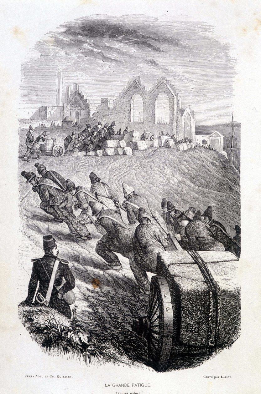 Prisonniers tirant des blocs de pierre de carrière, "Les Bagnes: histoire, types, mœurs, mystère" par Maurice Alhoy, éd. Gustave Havard - French School