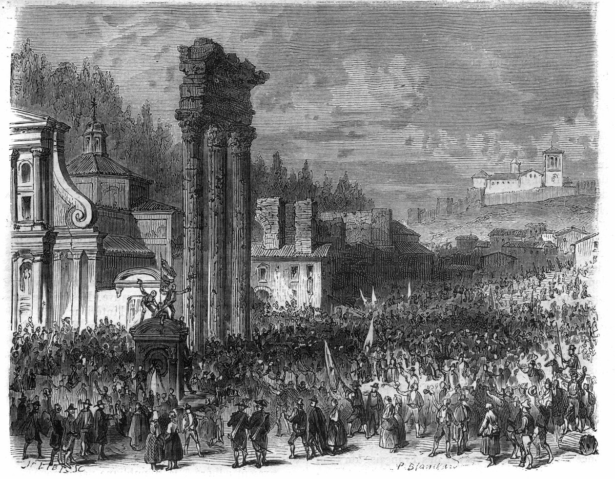 Proclamation de la République romaine en 1798. Gravure dans « Histoire des Papes-Rois-Reines et Empereurs à travers les siècles » par Maurice Lachatre - French School