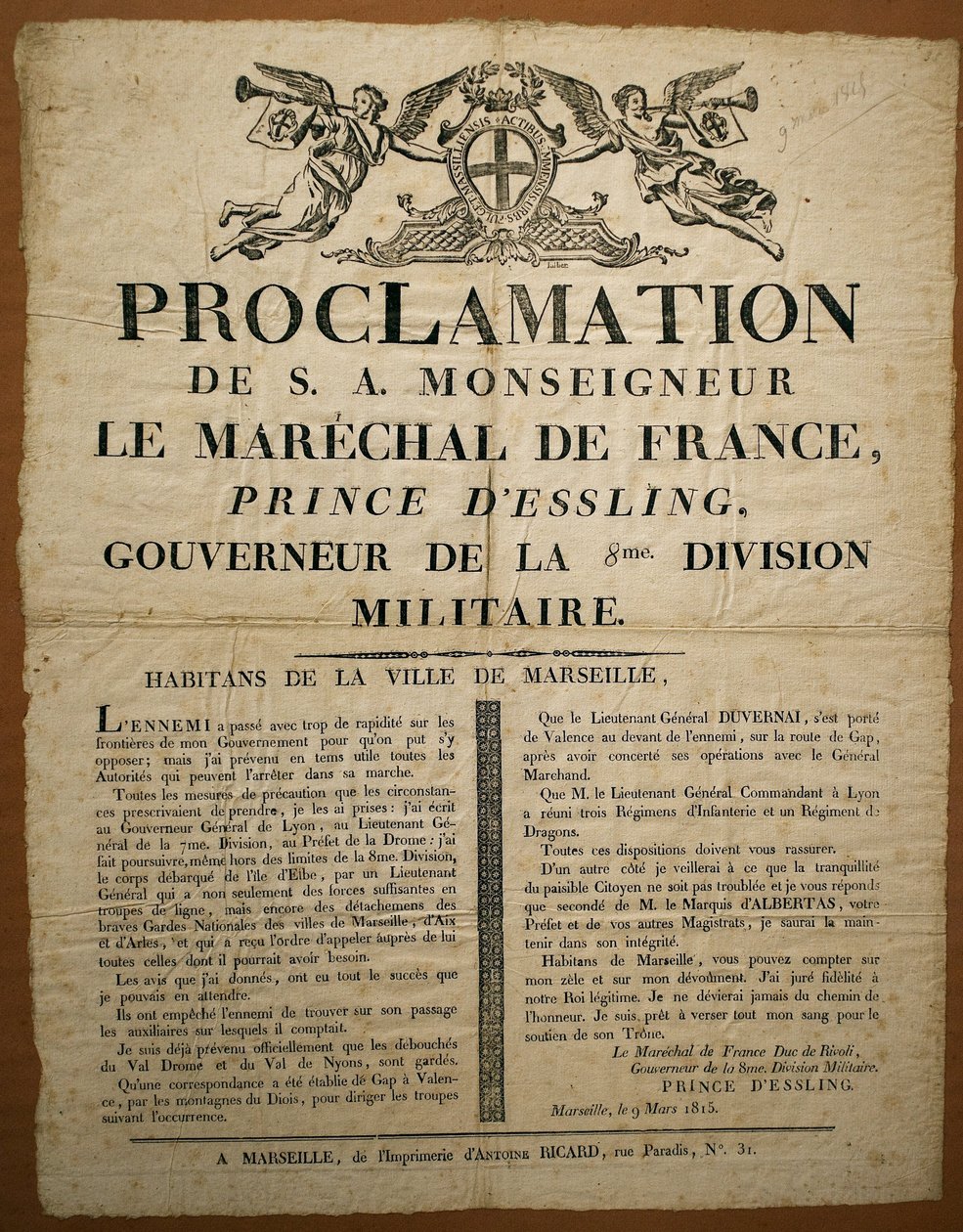 Proclamation aux habitants de la ville de Marseille, datée du 9 mars - French School
