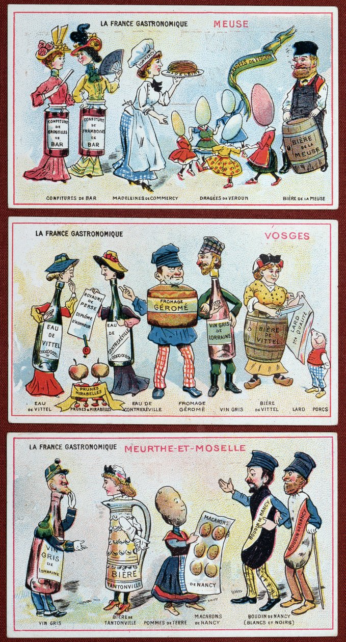 Cartes promotionnelles et éducatives pour enfants représentant les spécialités alimentaires de la région Lorraine, c.1910 - French School