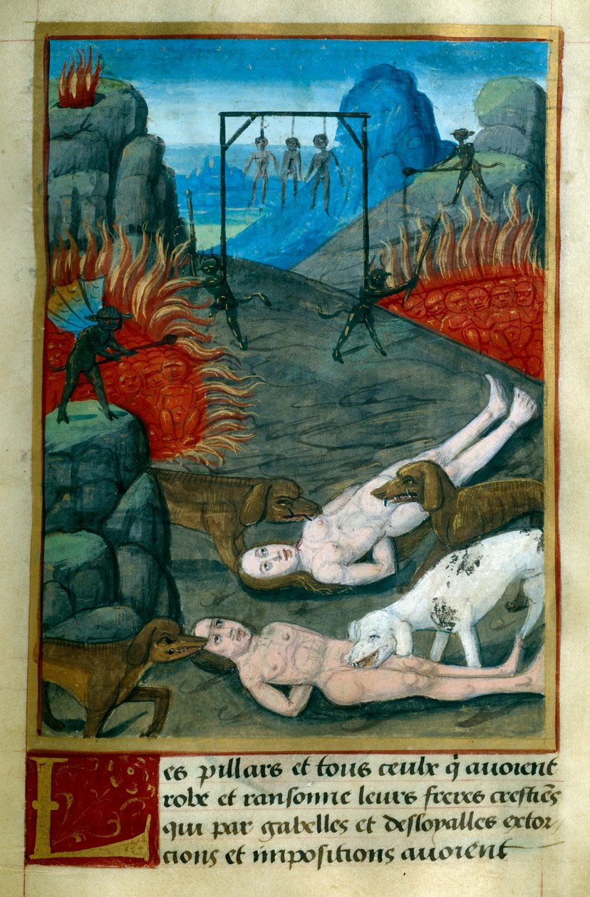 Punition réservée aux voleurs et pilleurs en Enfer, ils sont pendus, brûlés et dévorés par des chiens. Miniature de "Le Trésor de Sapience" par Jean Gerson (1363-1429) XVe siècle Chantilly, Musée Condé - French School