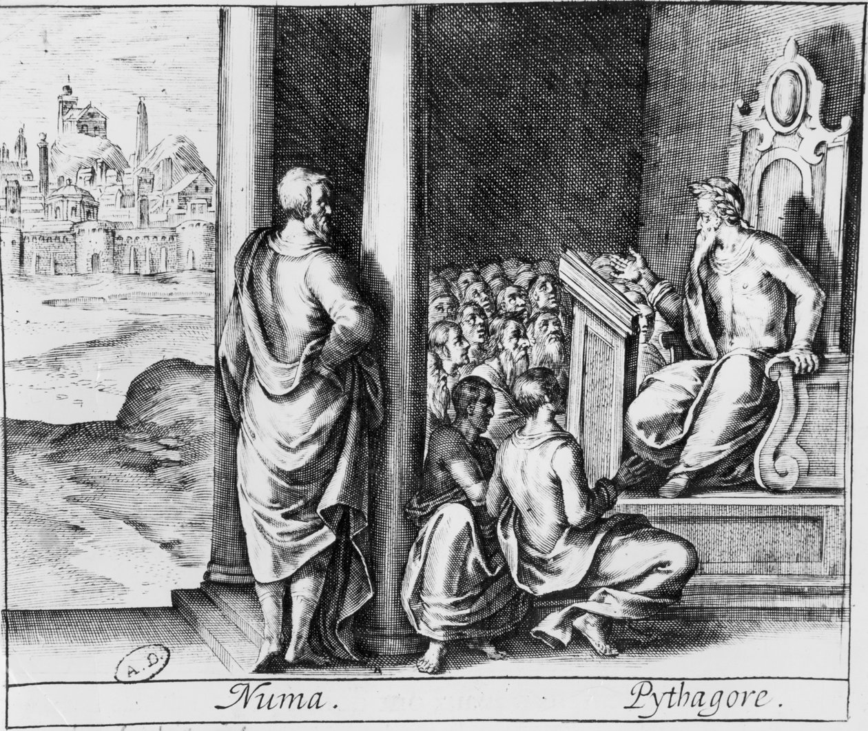 Pythagore (c.570-480 av. J.-C.) enseignant à une classe d