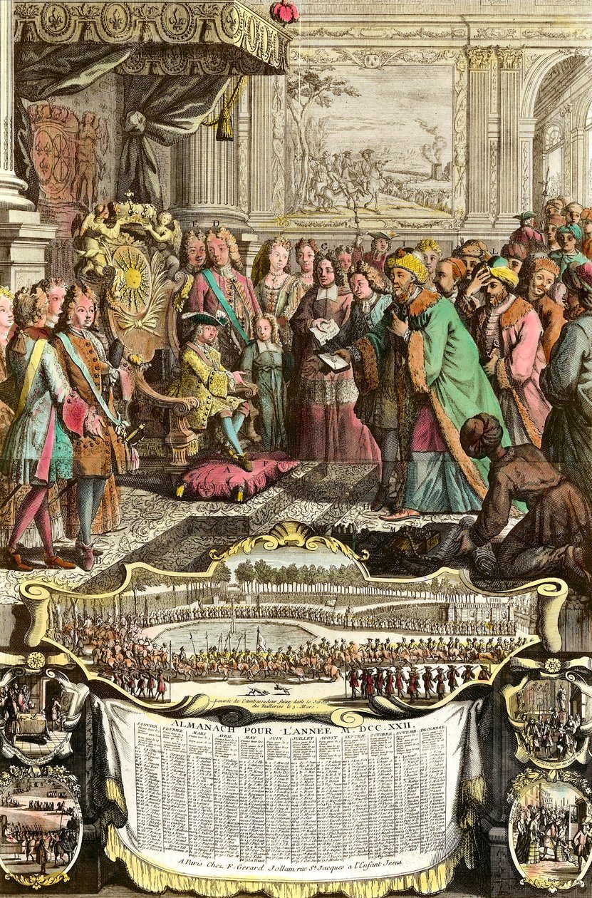 Réception de Mehemet Effendi ambassadeur turc du grand Sultan Achmet par Louis XV le 21 mars 1721 aux Tuileries. Gravure du XVIIIe siècle. Collection privée - French School