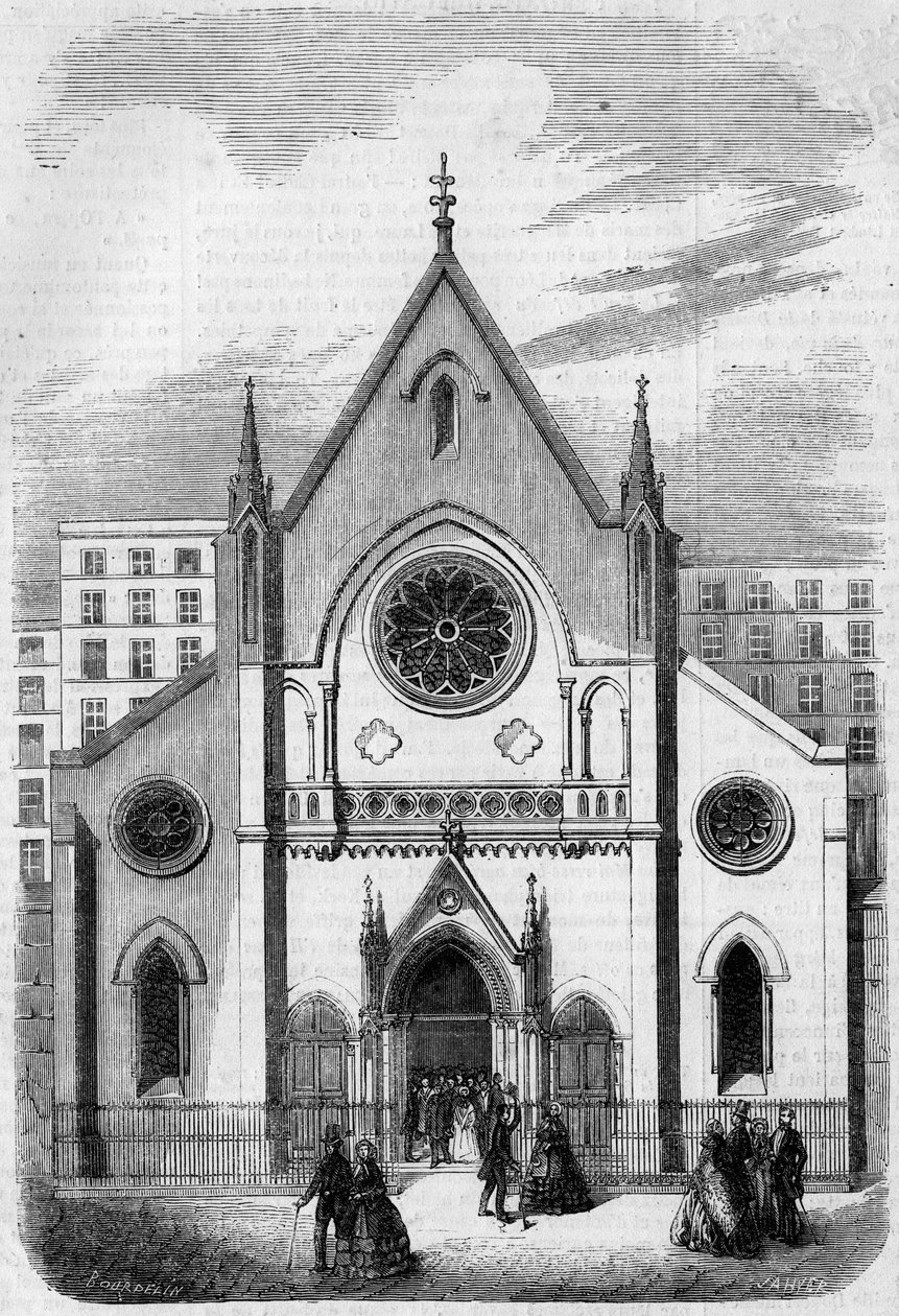 Architecture religieuse : vue de la façade du Temple pour les Américains vivant à Paris, rue de Berry, en 1857. Bâtiment construit par l