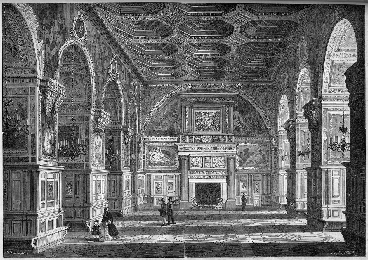 Architecture de la Renaissance : vue générale de la salle de bal avec plafond français réalisé par Niccolo dell