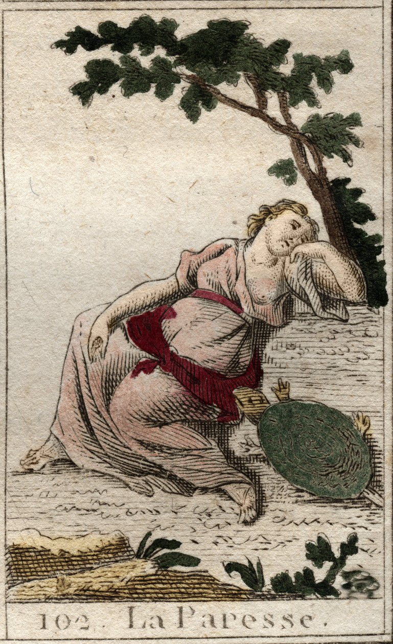 Représentation de la Paresse, fille de la Nuit et du Sommeil, comme un jeune homme avec une tortue. De « Mythologie de la jeunesse » par Pierre Blanchard 1803. - French School