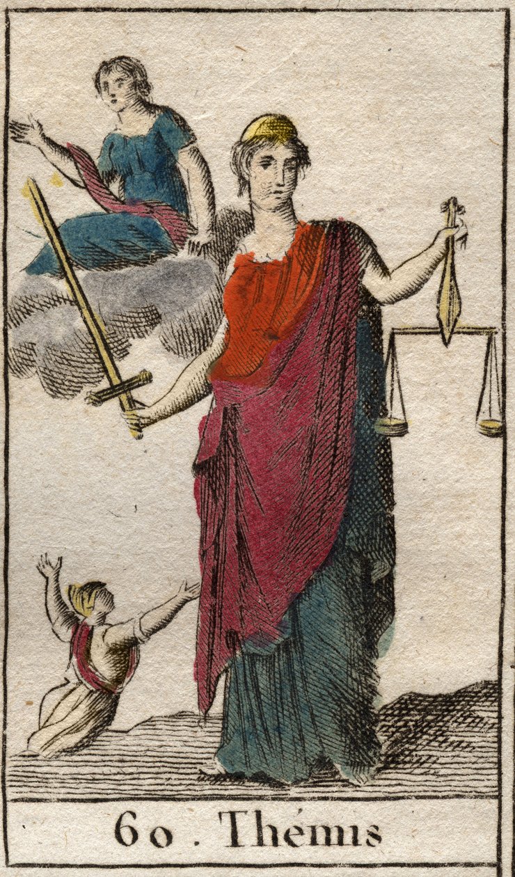 Représentation de Thémis, déesse de la Justice et de la Loi, elle tient une balance et une épée. De « Mythologie de la jeunesse » par Pierre Blanchard 1803 - French School