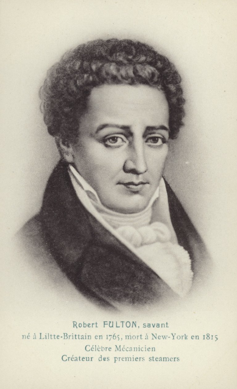 Robert Fulton (1765-1815), ingénieur, inventeur et pionnier américain du bateau à vapeur (lithographie) - French School