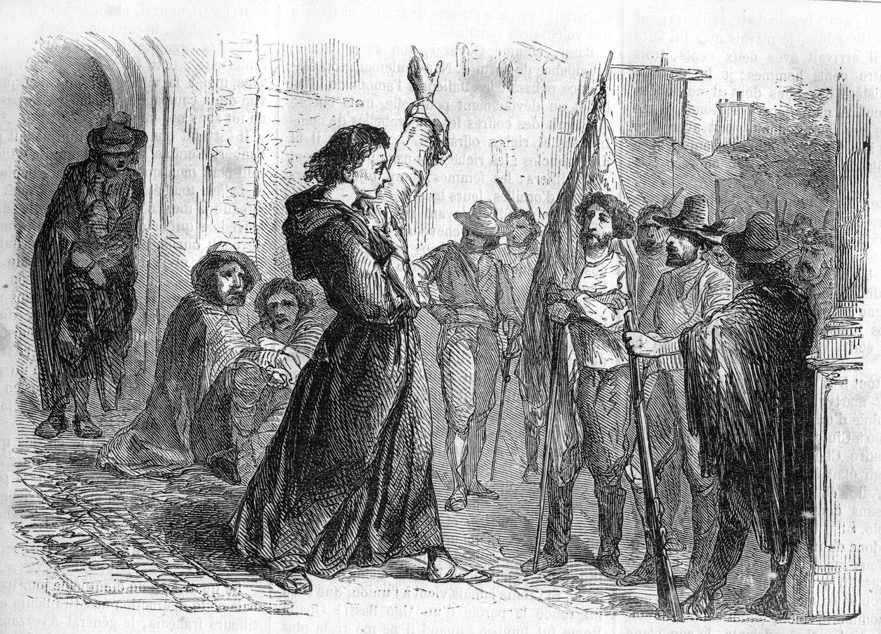 Roman-feuilleton : "Mémoires de Joseph Garibaldi" par Alexandre Dumas (1802-1870). Ugo Bassi (1800-1849) haranguant la foule pour encourager la population à participer au Risorgimento en 1848. Gravure dans "Les bons romans" - French School