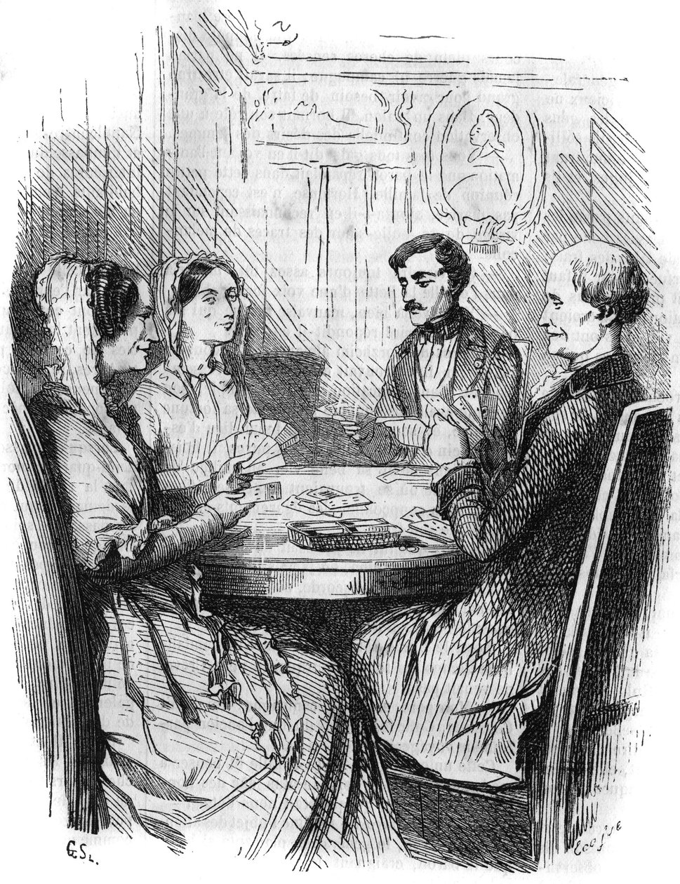 Roman feuilleton : "Le Comte de Monte-Cristo" par Alexandre Dumas (1802-1870). Une partie de cartes entre quatre personnages. Gravure dans "Les bons romans" - French School