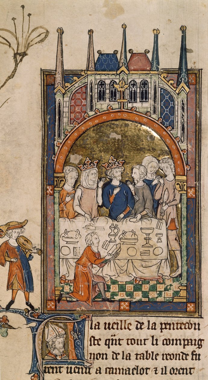 Le festin du roi Arthur, le roi Arthur et Guenièvre à un banquet, avec un serviteur agenouillé devant la table coupant du pain, de 