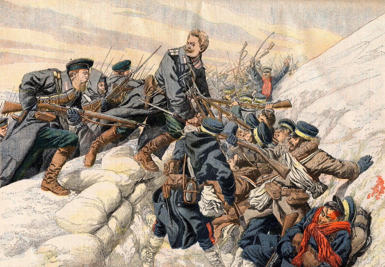 Guerre russo-japonaise - Combats dans les tranchées à Port Arthur. Mort héroïque du lieutenant russe Alexandre. Illustration pour Le Petit Journal. - French School
