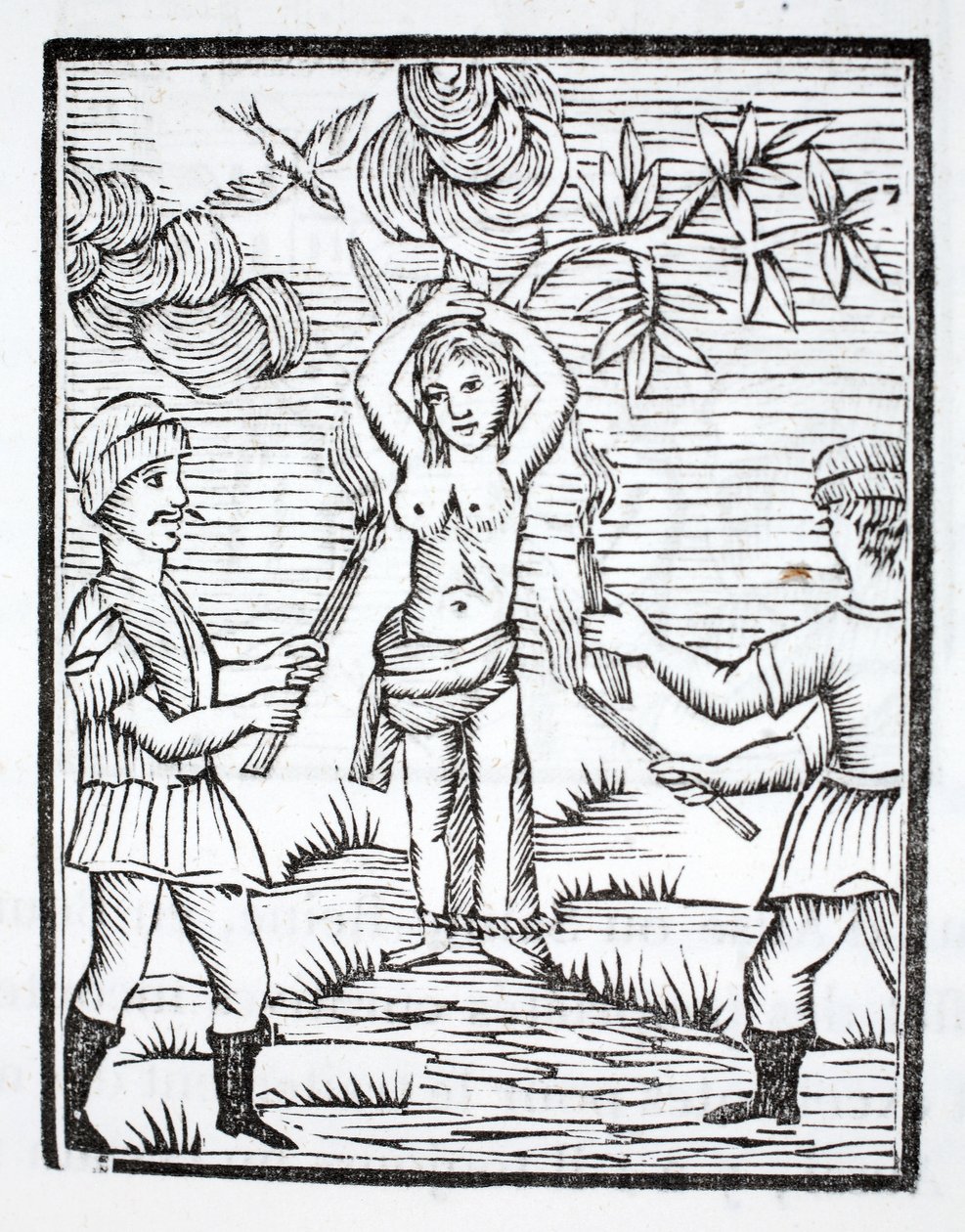 Sainte Reine est attachée à deux poteaux en forme de croix et brûlée par des torches - French School